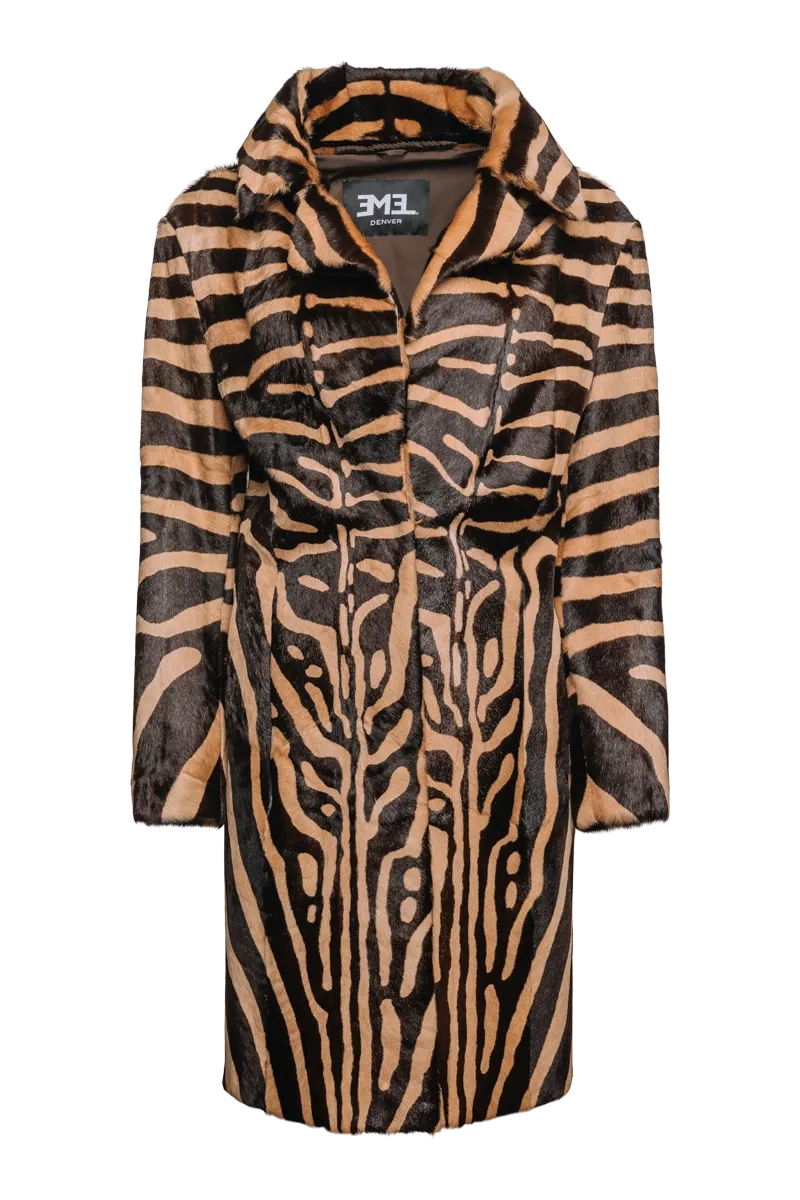 Camel & Dark Brown Zebra Print Kid Skin Fur Coat