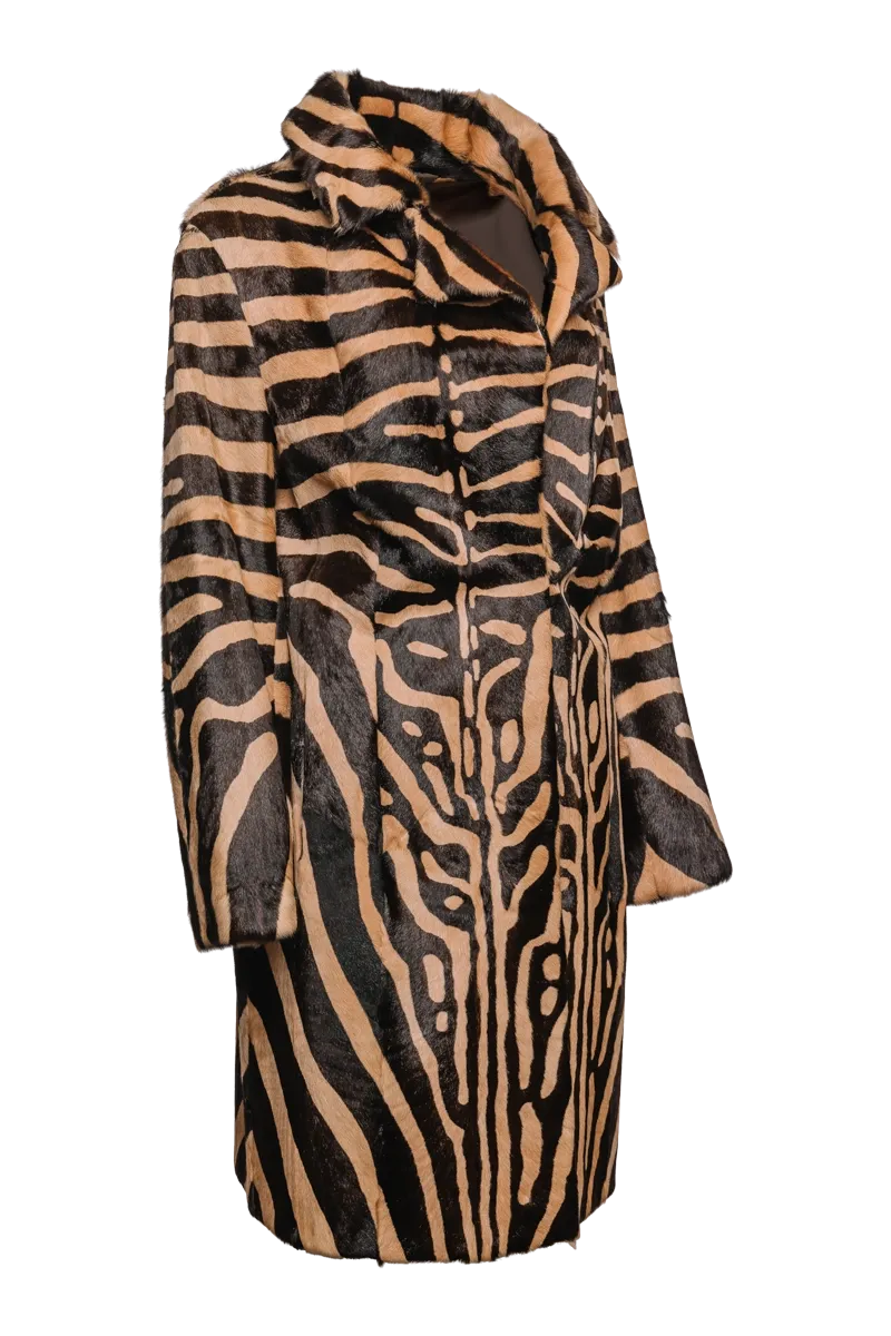 Camel & Dark Brown Zebra Print Kid Skin Fur Coat