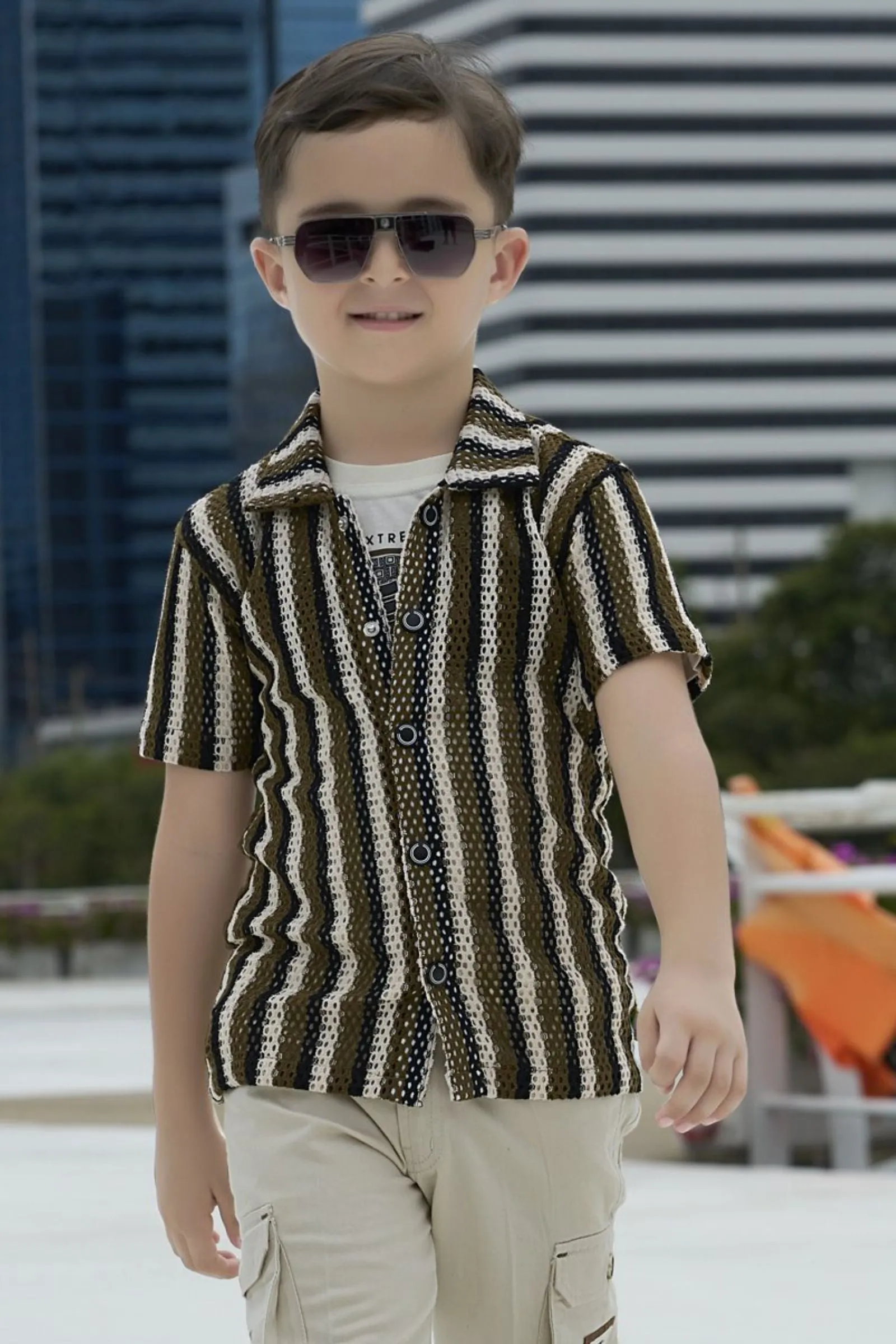 Cream with Multicolor Knitted Shirt, T-Shirt and Cargo Pant Set for Boys