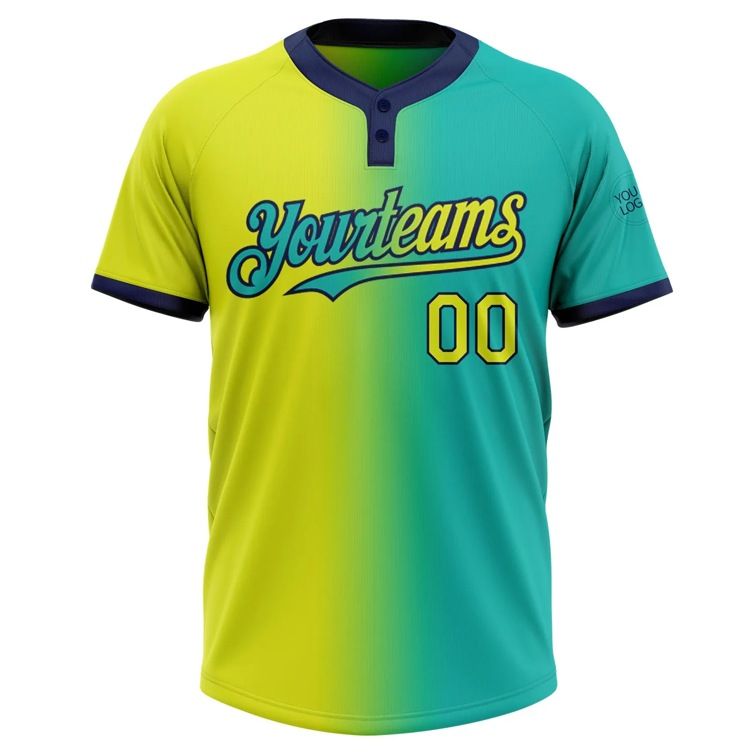 Custom Aqua Neon Yellow-Navy Gradient Fashion Two-Button Unisex Softball Jersey