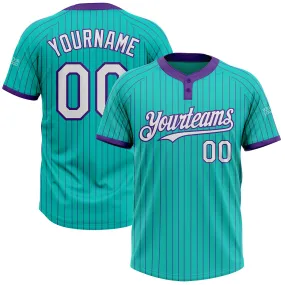 Custom Aqua Purple Pinstripe White Two-Button Unisex Softball Jersey