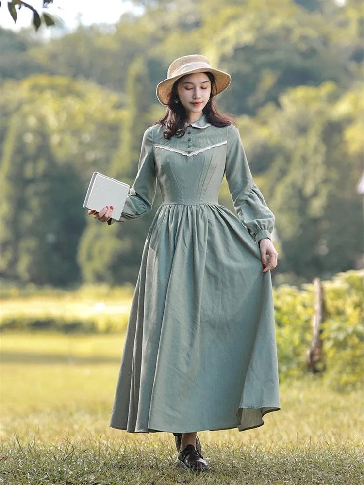 Elise Dress For Women Medieval Vintage Elegant Slim Long Lantern Sleeve Dress Peter Pan Collar Maxi Dress