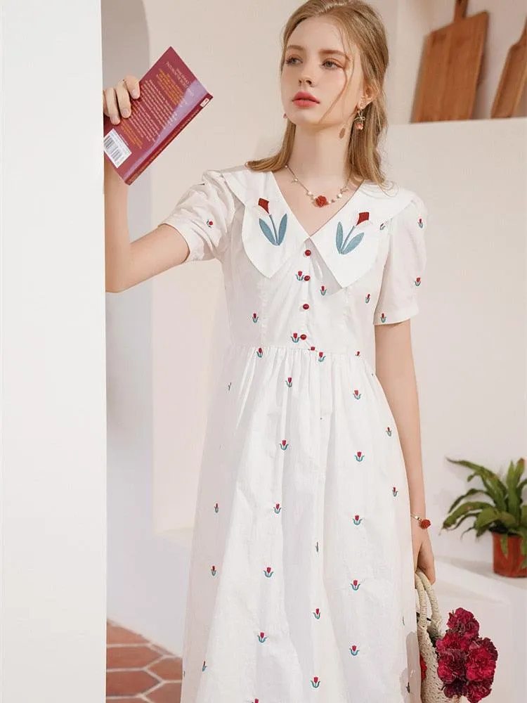 Elise White Dress Women Elegant Slim Sweet Embroidery Tulip Floral V-Neck Cotton Midi Dress Clothes