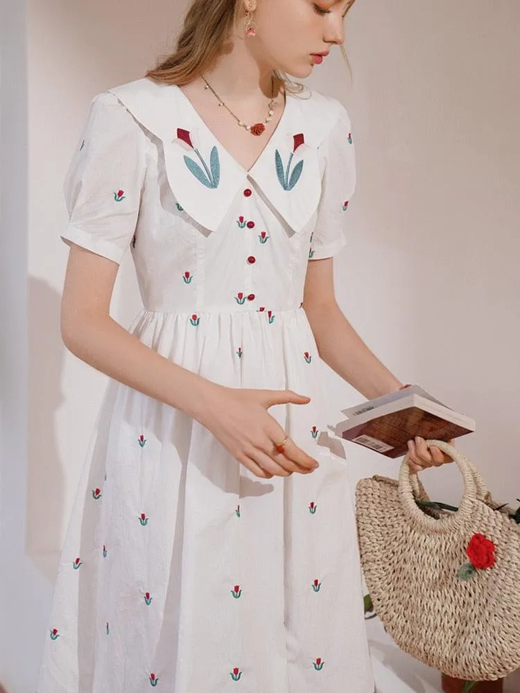 Elise White Dress Women Elegant Slim Sweet Embroidery Tulip Floral V-Neck Cotton Midi Dress Clothes