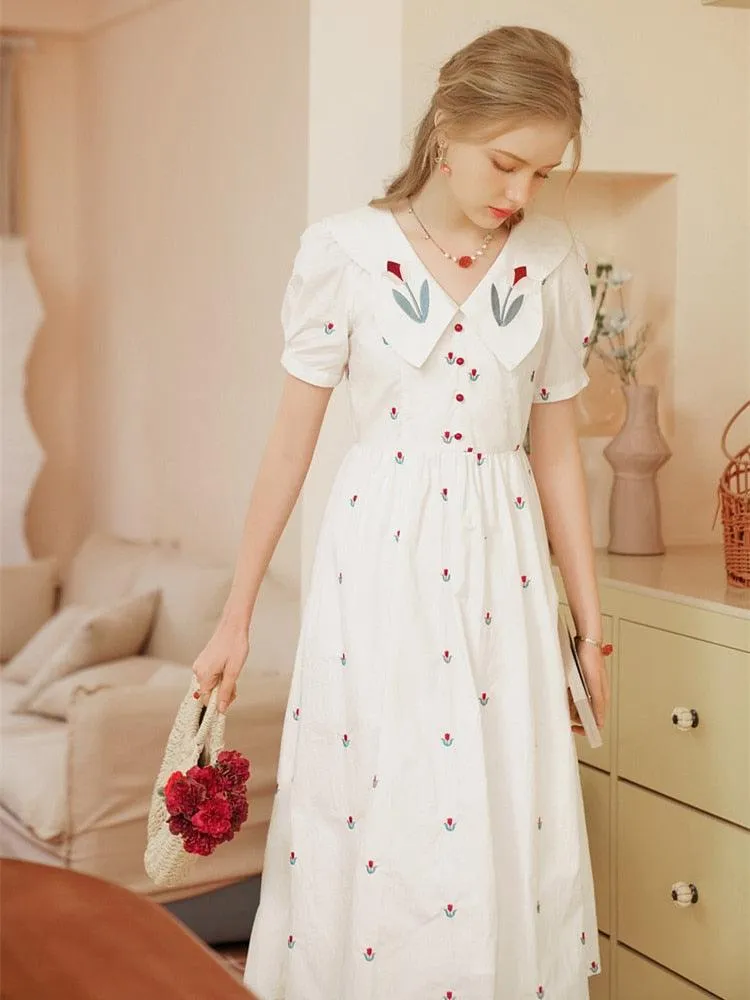 Elise White Dress Women Elegant Slim Sweet Embroidery Tulip Floral V-Neck Cotton Midi Dress Clothes