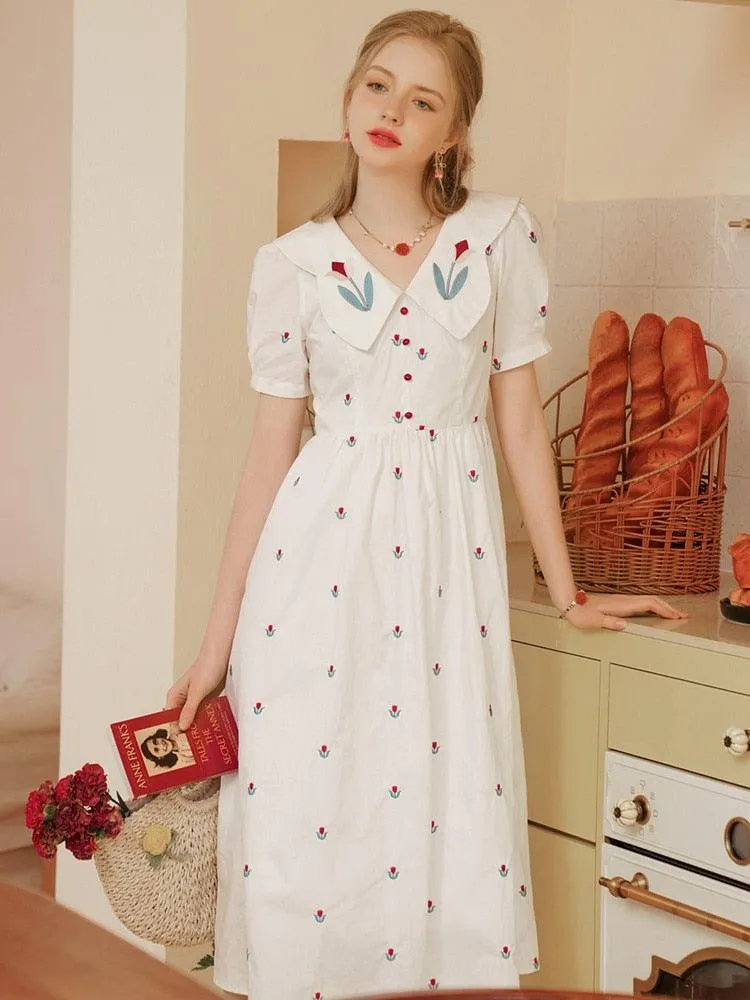 Elise White Dress Women Elegant Slim Sweet Embroidery Tulip Floral V-Neck Cotton Midi Dress Clothes