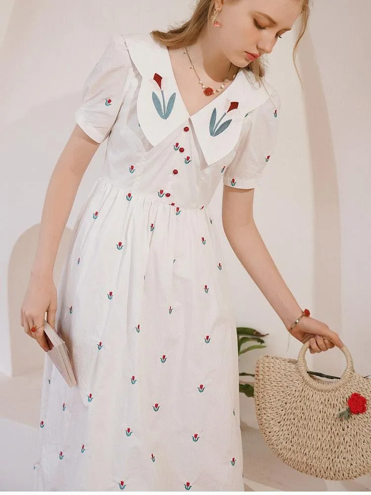 Elise White Dress Women Elegant Slim Sweet Embroidery Tulip Floral V-Neck Cotton Midi Dress Clothes