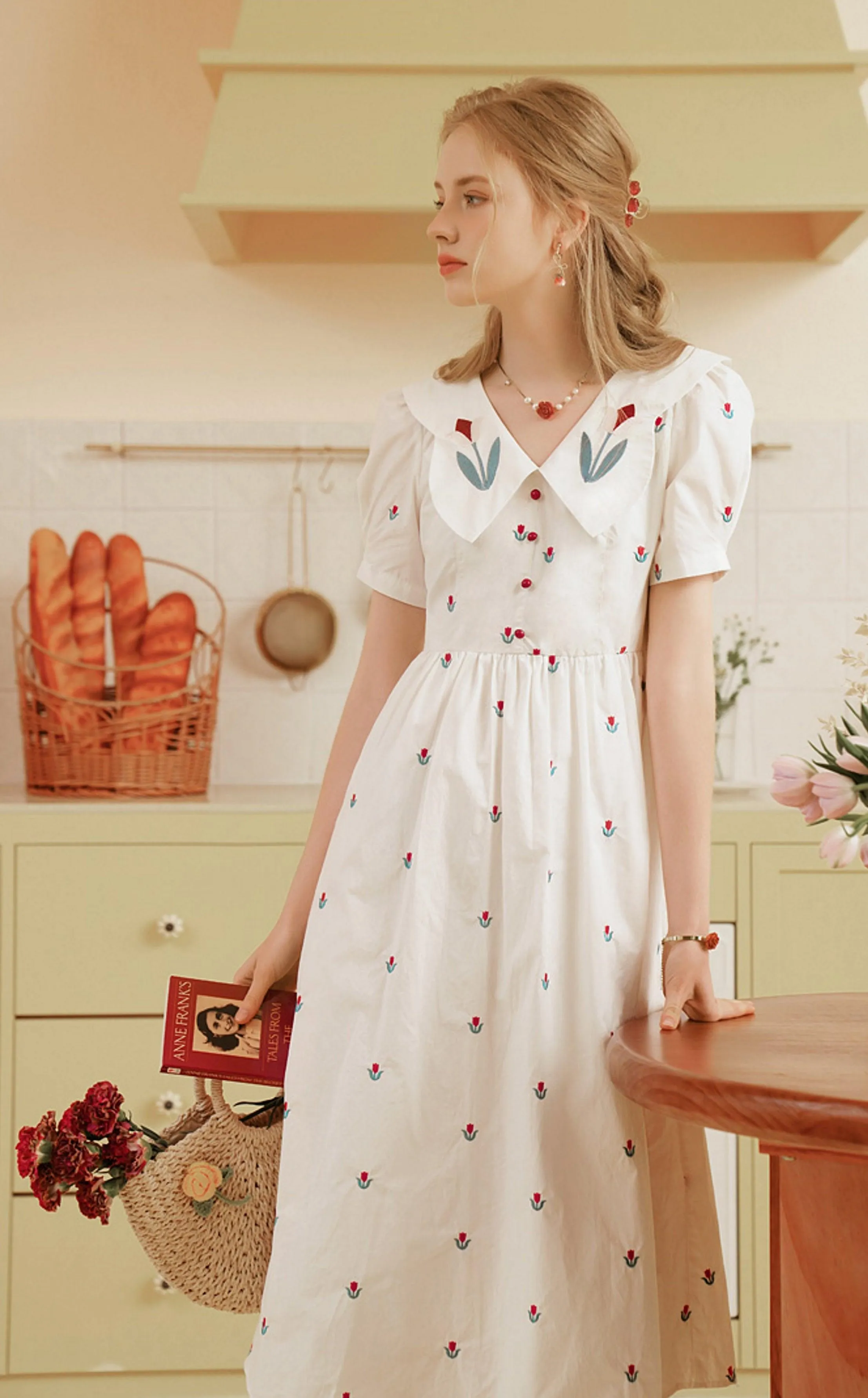 Elise White Dress Women Elegant Slim Sweet Embroidery Tulip Floral V-Neck Cotton Midi Dress Clothes