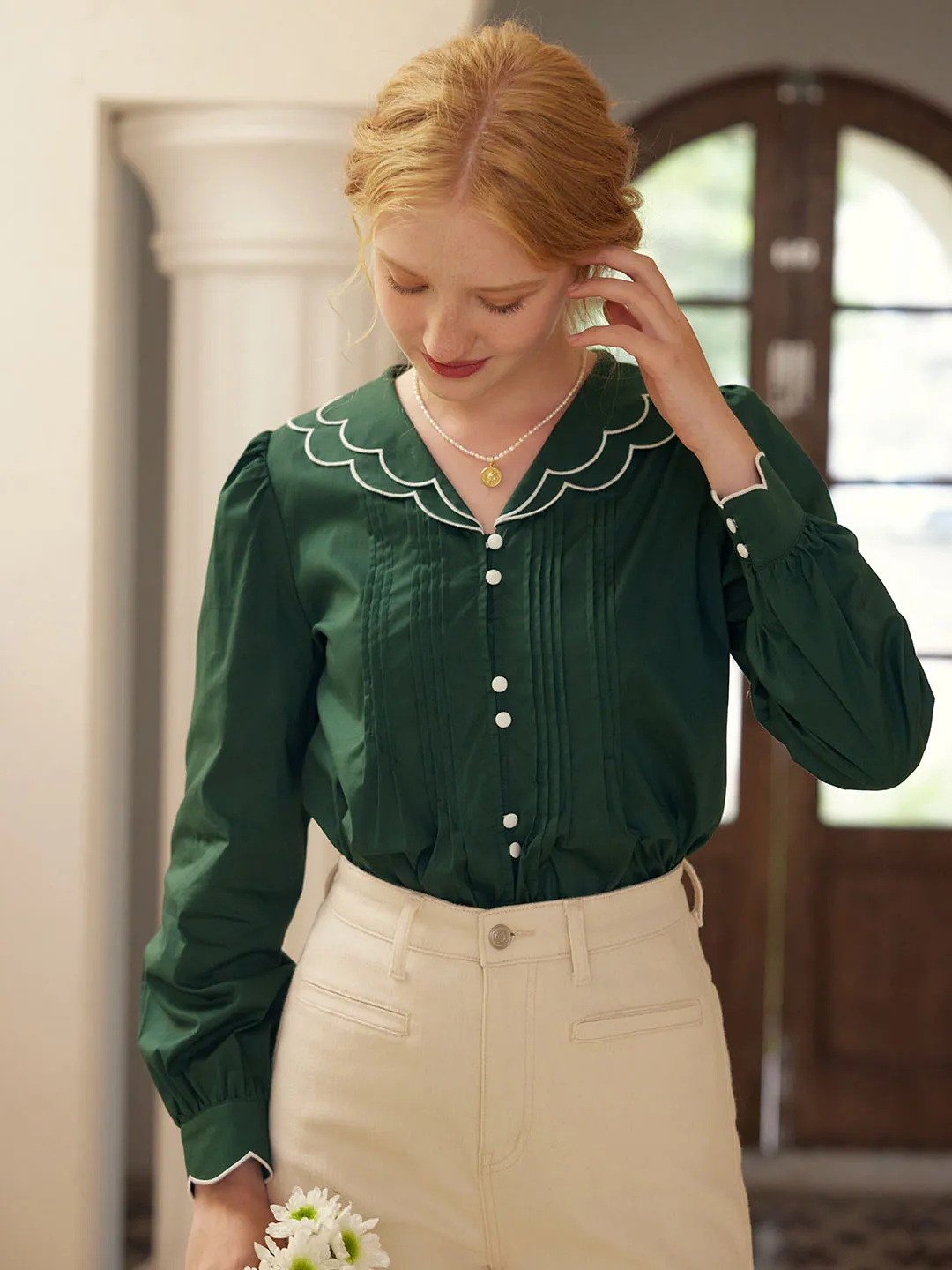 Estelle V-neck Pleated Cotton Blouse