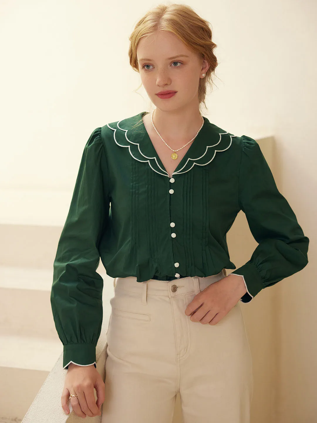 Estelle V-neck Pleated Cotton Blouse