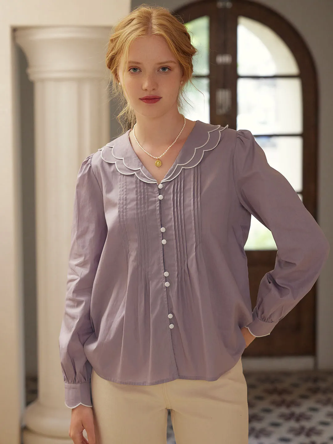 Estelle V-neck Pleated Cotton Blouse