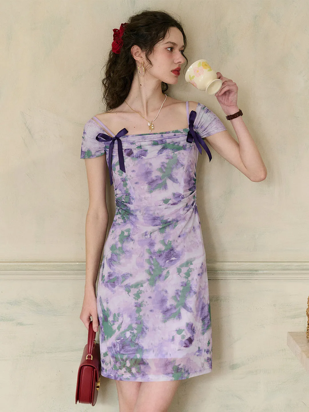 【Final Sale】Jacqueline Floral Print Off-The-Shoulder Contrast Bow Slip Dress