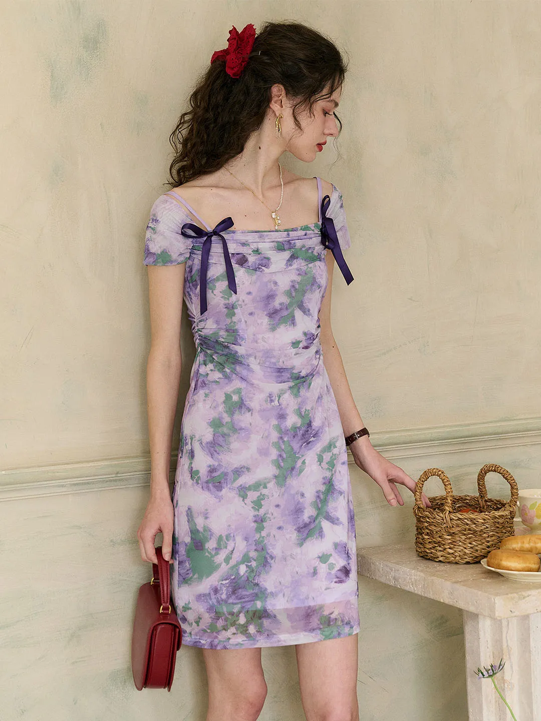 【Final Sale】Jacqueline Floral Print Off-The-Shoulder Contrast Bow Slip Dress