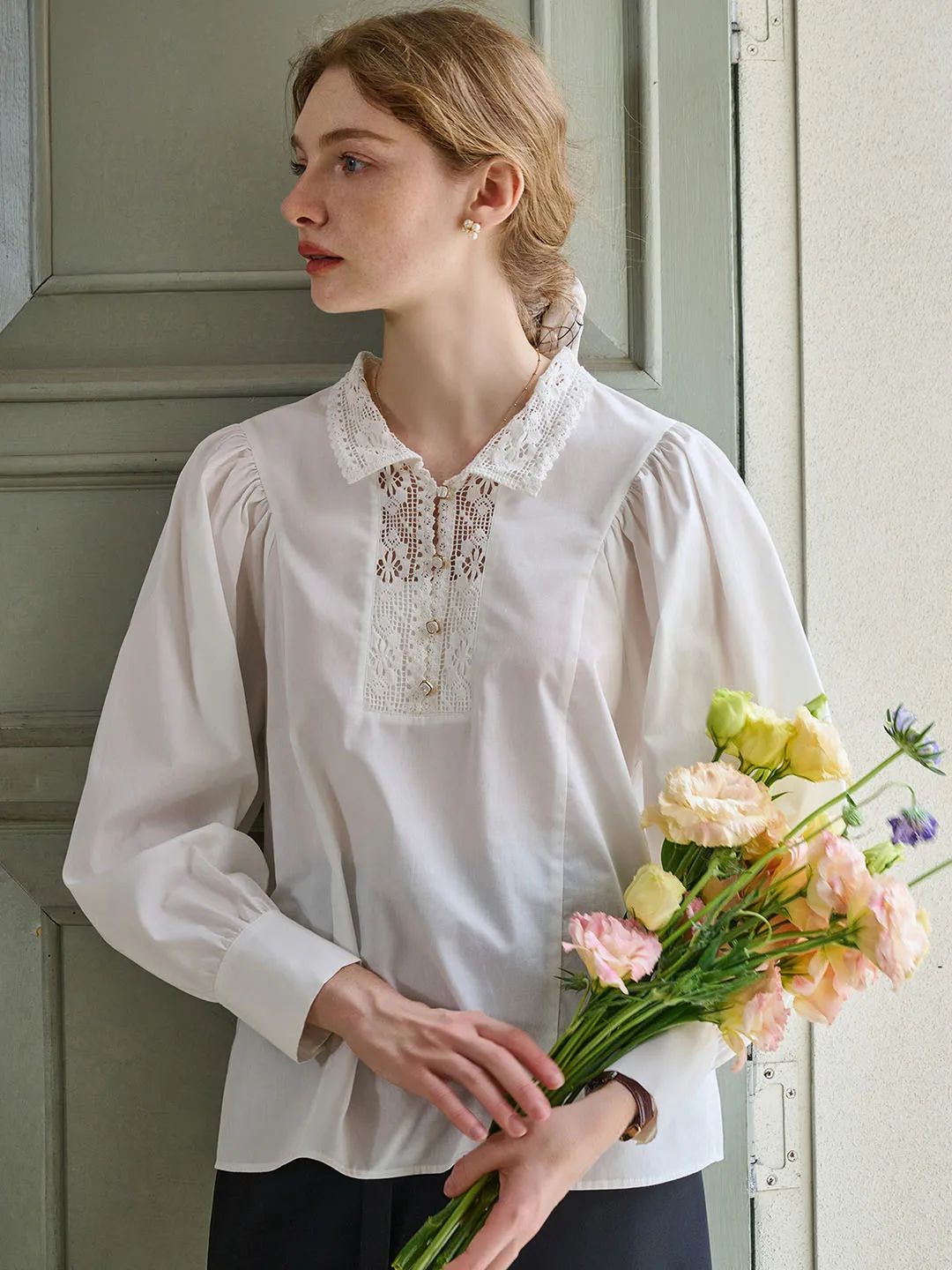 Hadleigh Lace Paneled Hollow Puff Sleeve Blouse