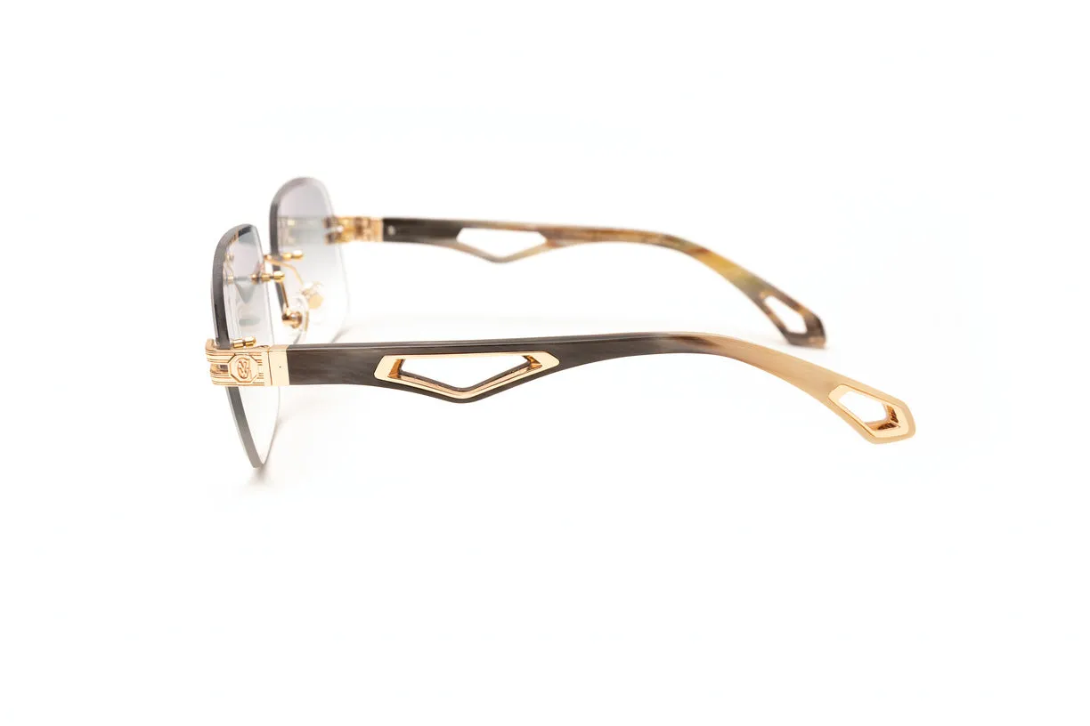 INFAMOUS 24KT Gold & Grey/Brown Buffalo Horn Sunglasses, Gradient Grey Lenses