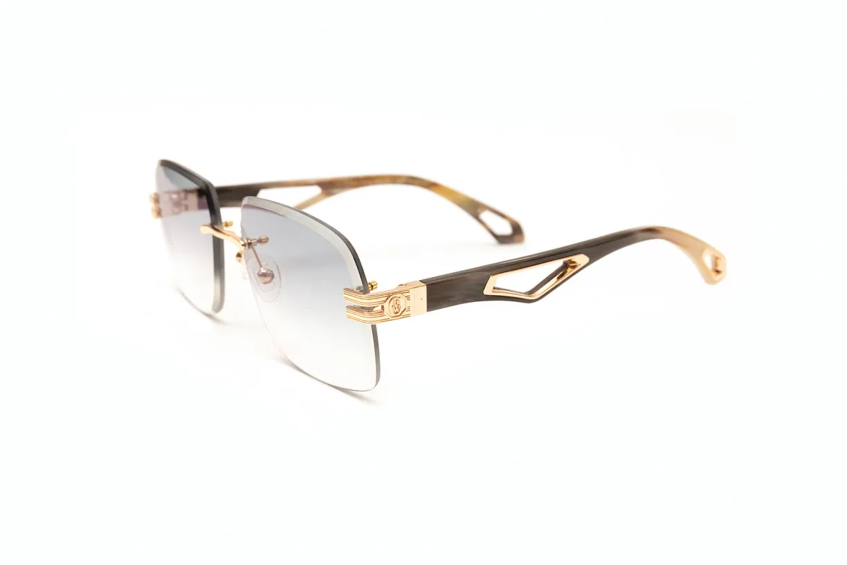 INFAMOUS 24KT Gold & Grey/Brown Buffalo Horn Sunglasses, Gradient Grey Lenses