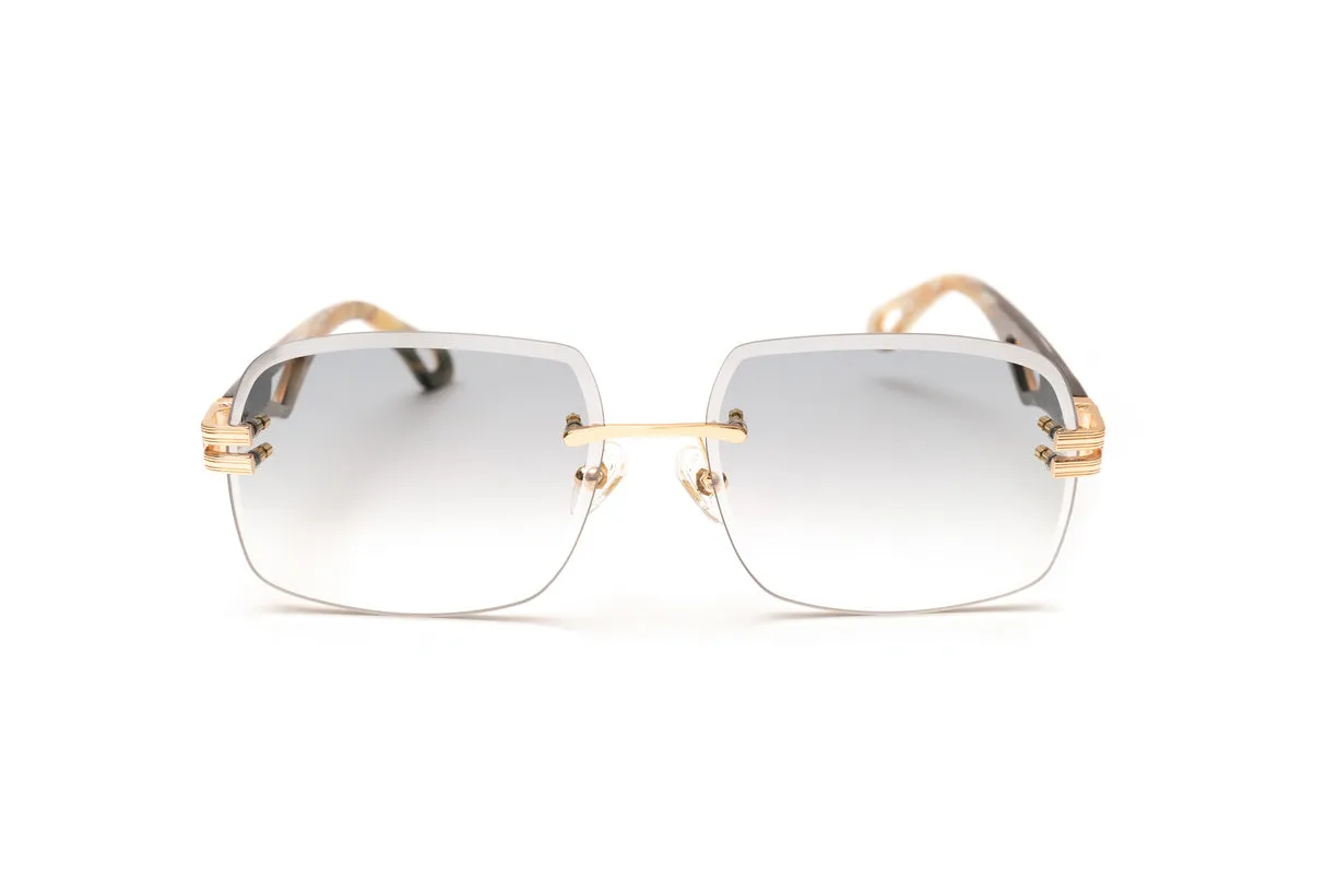 INFAMOUS 24KT Gold & Grey/Brown Buffalo Horn Sunglasses, Gradient Grey Lenses