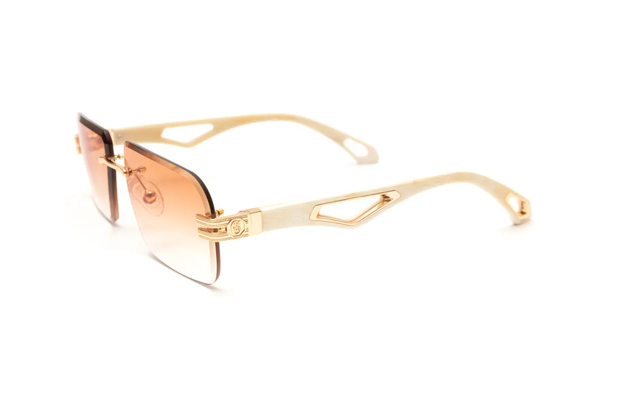 INFAMOUS 24KT Gold & White Buffalo Horn Sunglasses, Gradient Brown Lenses