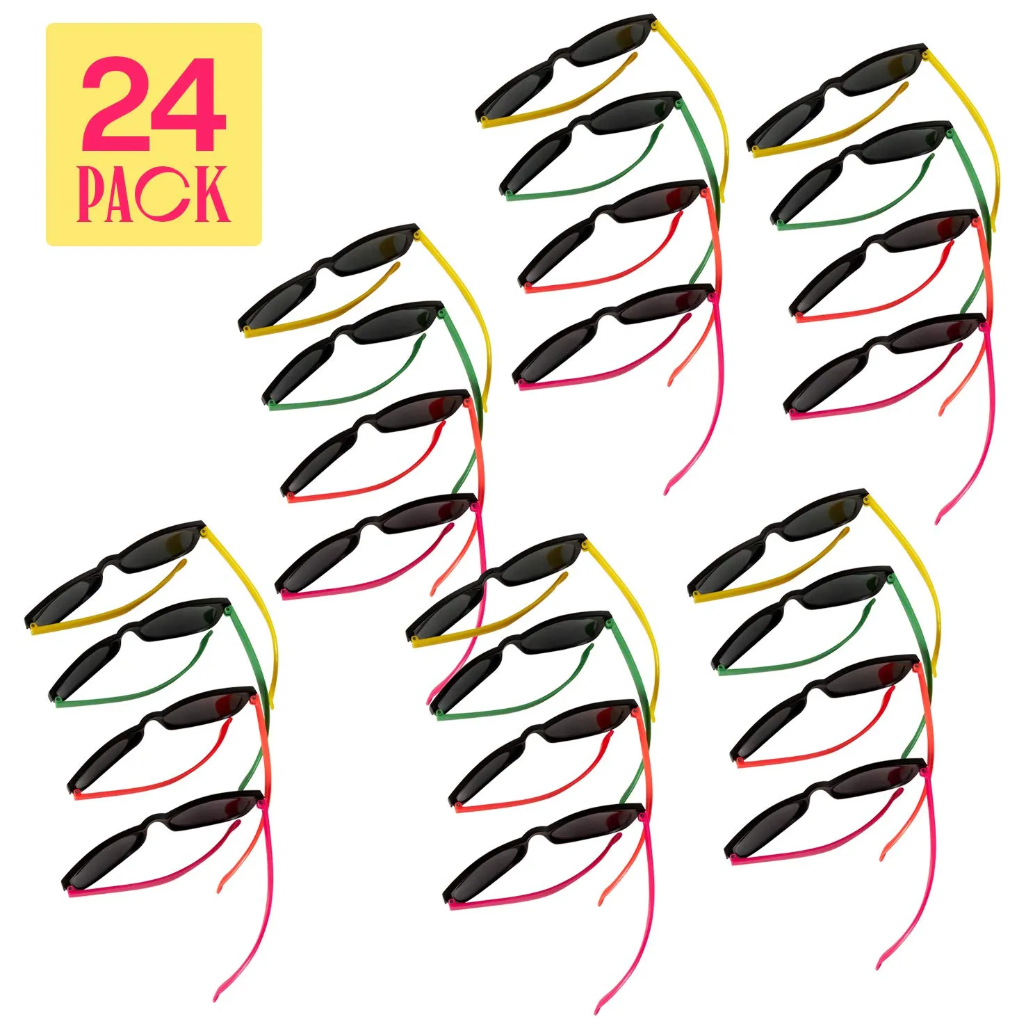 Kicko Neon Sunglasses with Dark Lenses - 24 Pack - 80s Style Unisex Aviators in Assorted