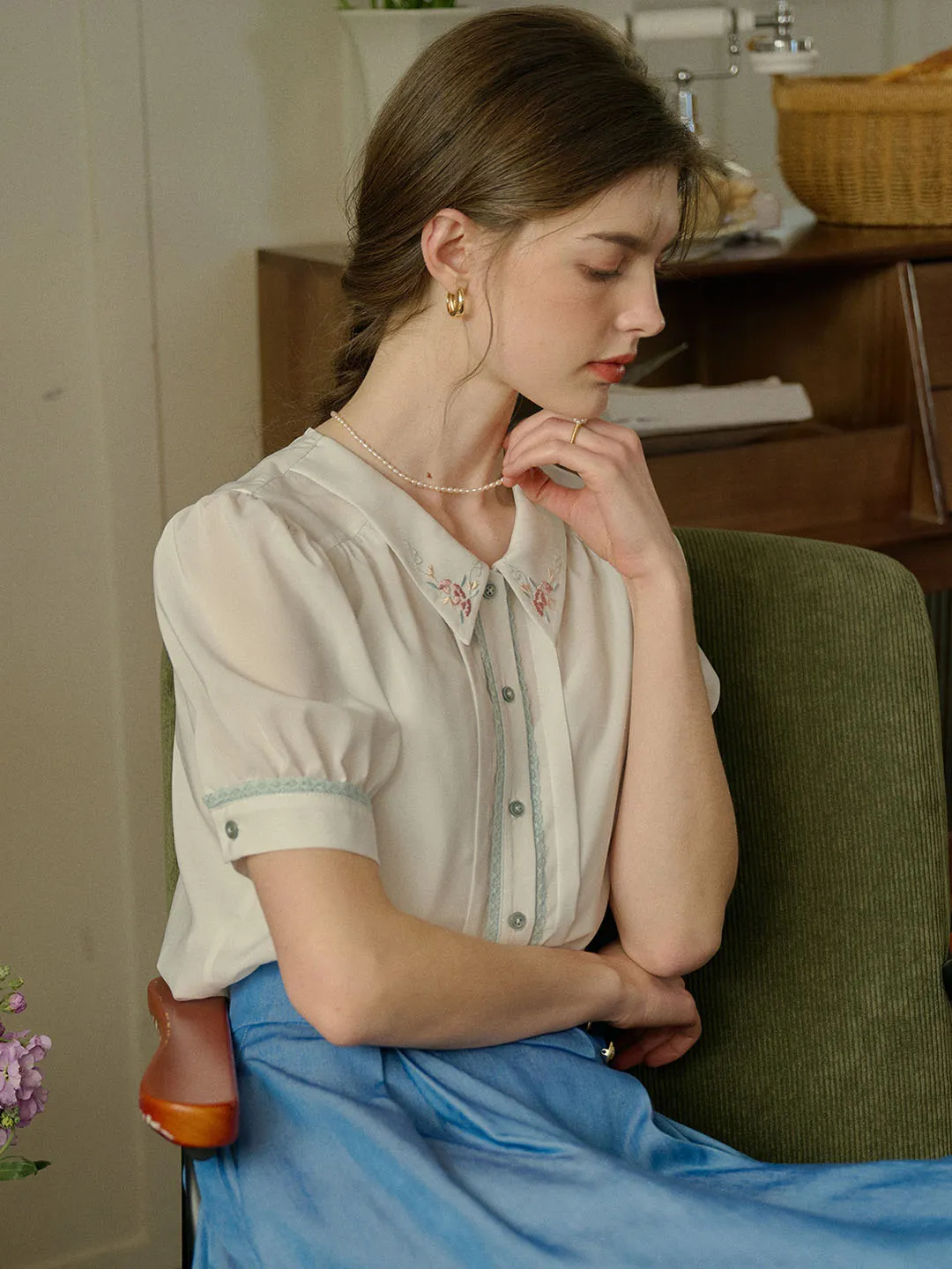 Maia Floral Embroidered Lapel Contrast Lace Puff Sleeve Chiffon Shirt