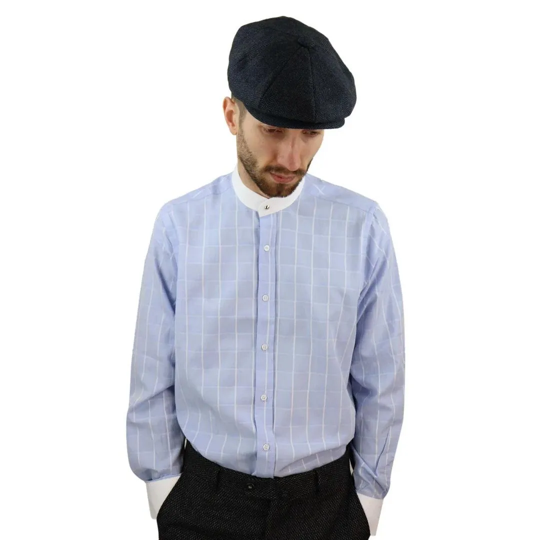 Mens Peaky Blinders Shirt Removable Collar Penny Button Check Nehru Collarless