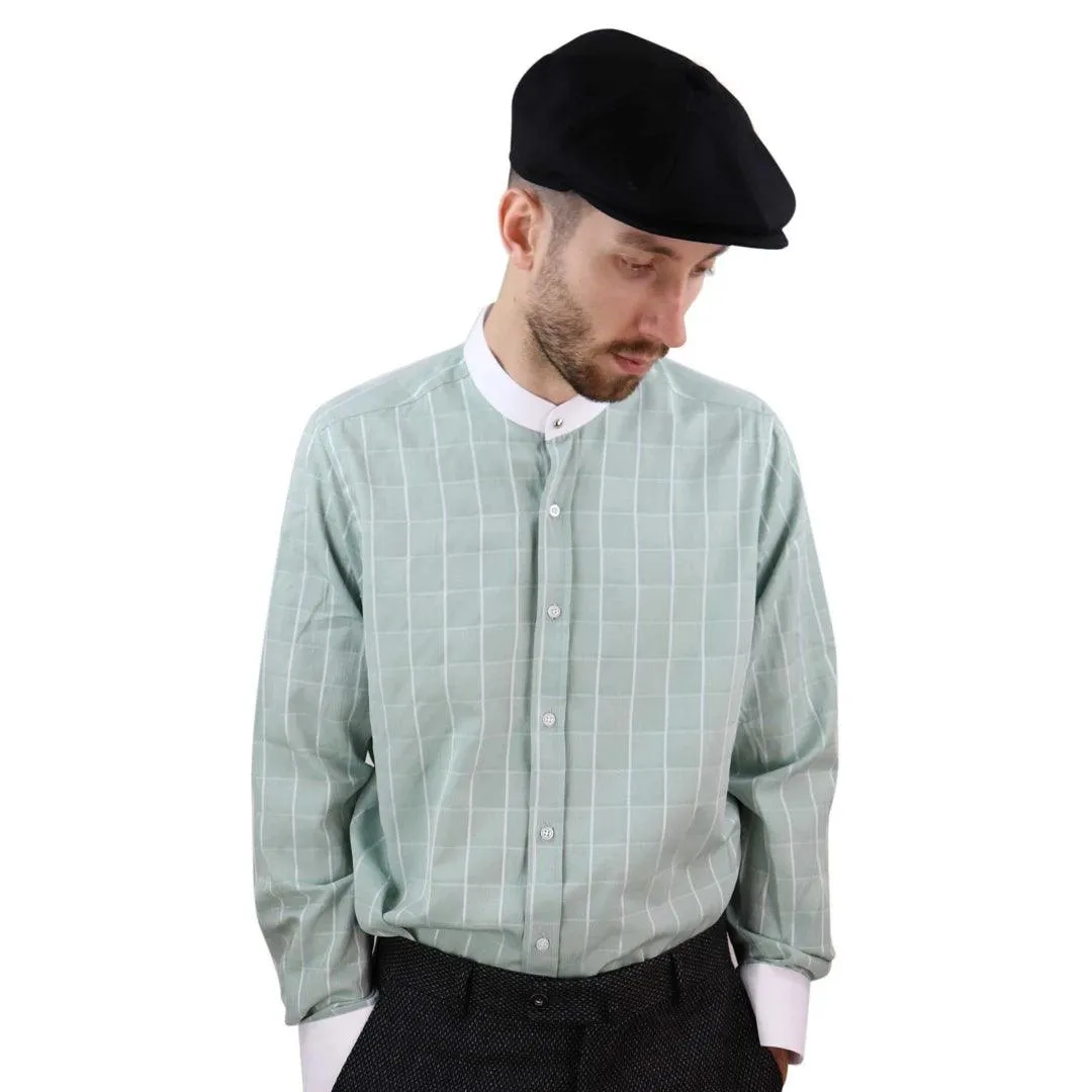 Mens Peaky Blinders Shirt Removable Collar Penny Button Check Nehru Collarless