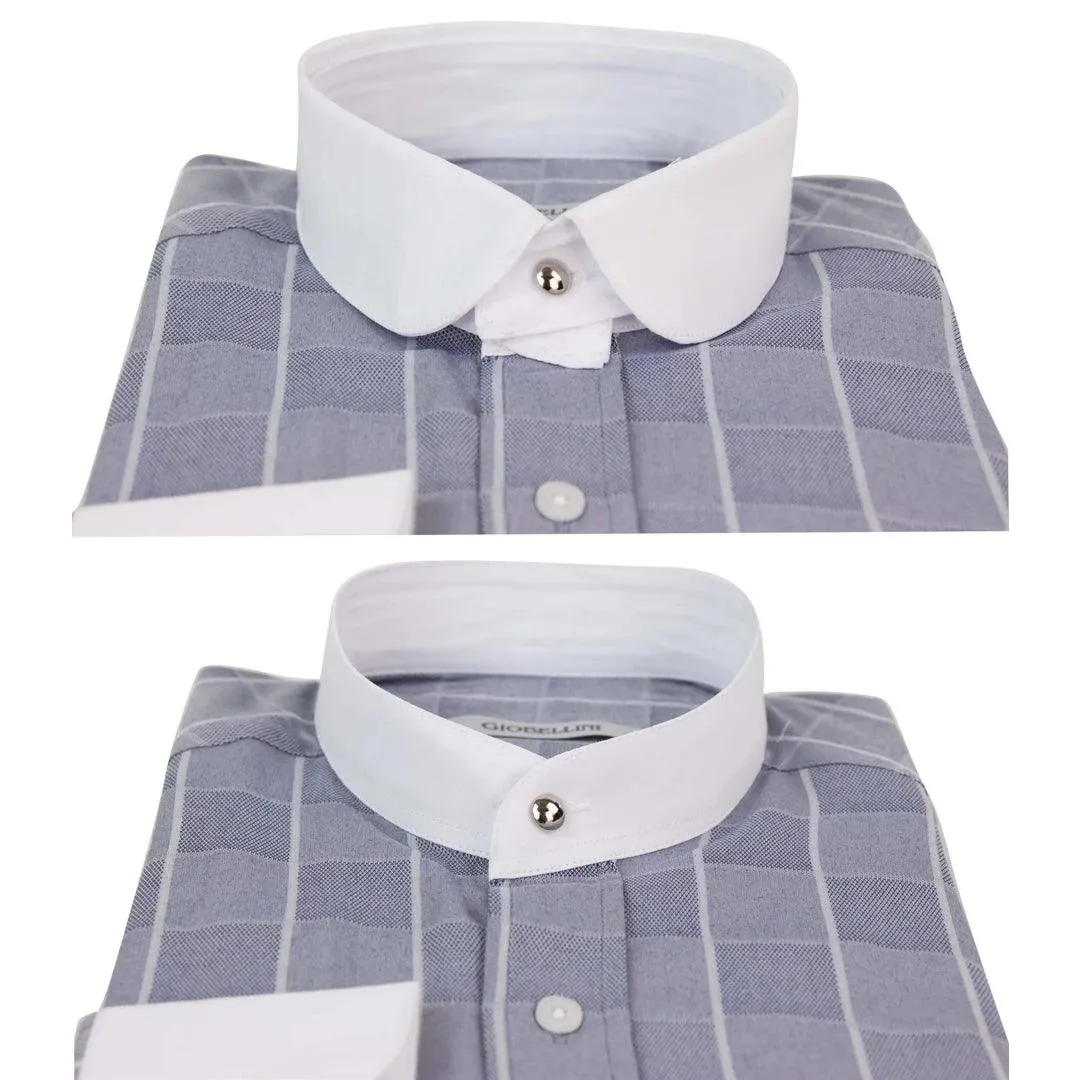 Mens Peaky Blinders Shirt Removable Collar Penny Button Check Nehru Collarless