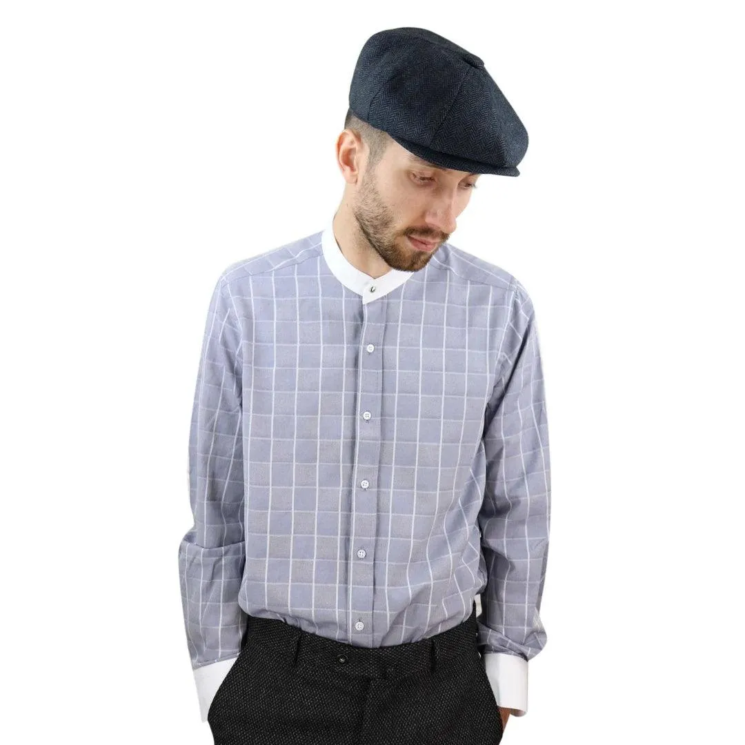 Mens Peaky Blinders Shirt Removable Collar Penny Button Check Nehru Collarless