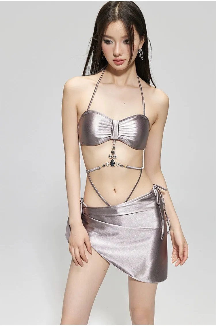 Metallic Bandeau Bikini with Jewel Accents and Sarong Set