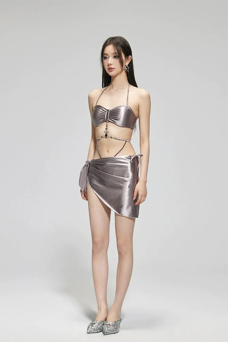 Metallic Bandeau Bikini with Jewel Accents and Sarong Set