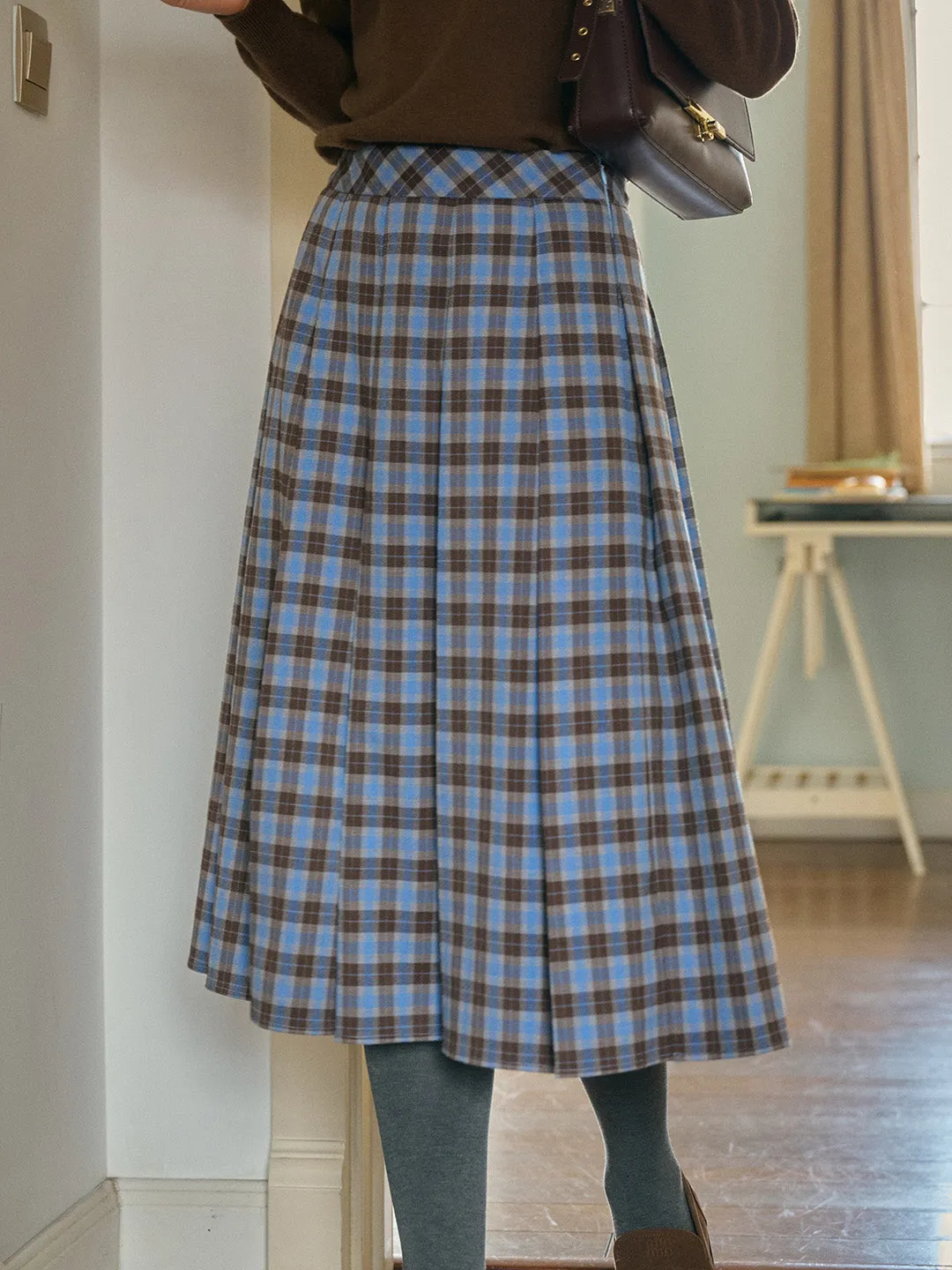 Naya Classic Artistic A-Line Blue Plaid Skirt