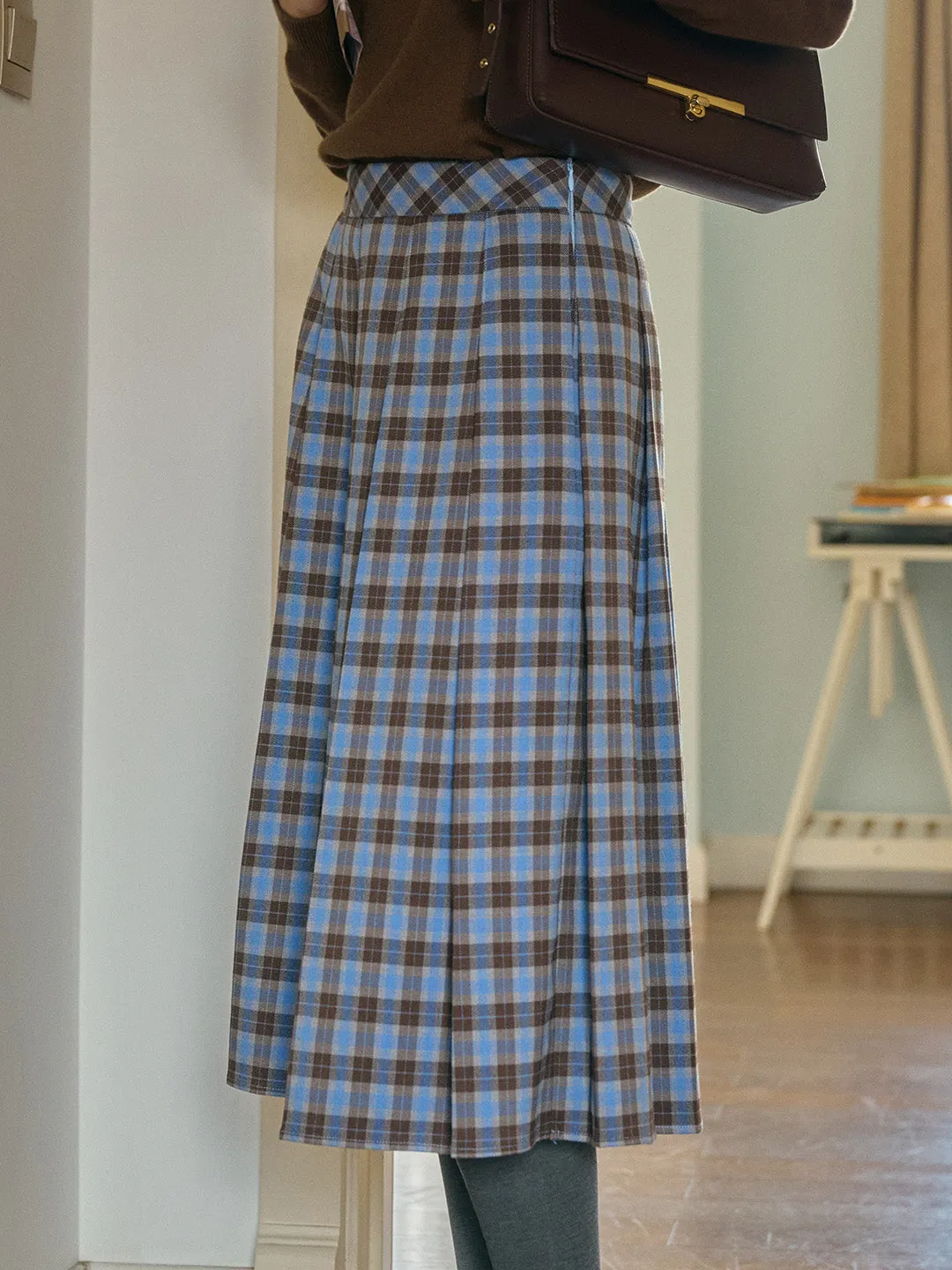 Naya Classic Artistic A-Line Blue Plaid Skirt