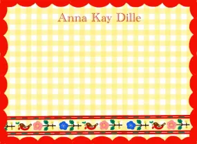 Personalized Notecards with Envelopes -Yellow Gingham Red Border