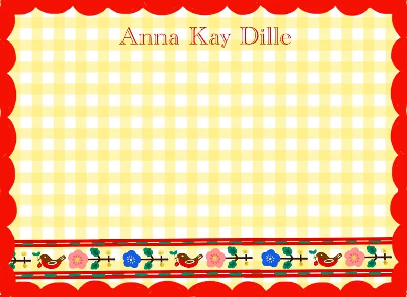 Personalized Notecards with Envelopes -Yellow Gingham Red Border