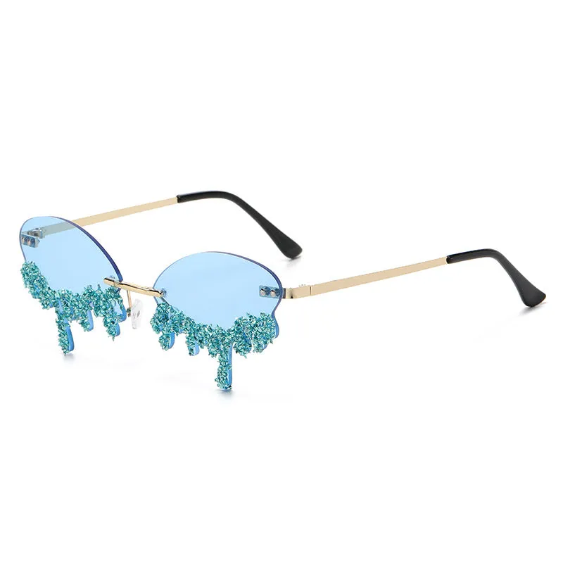 Rhinestone Tear Shape Rimless Sunglasses