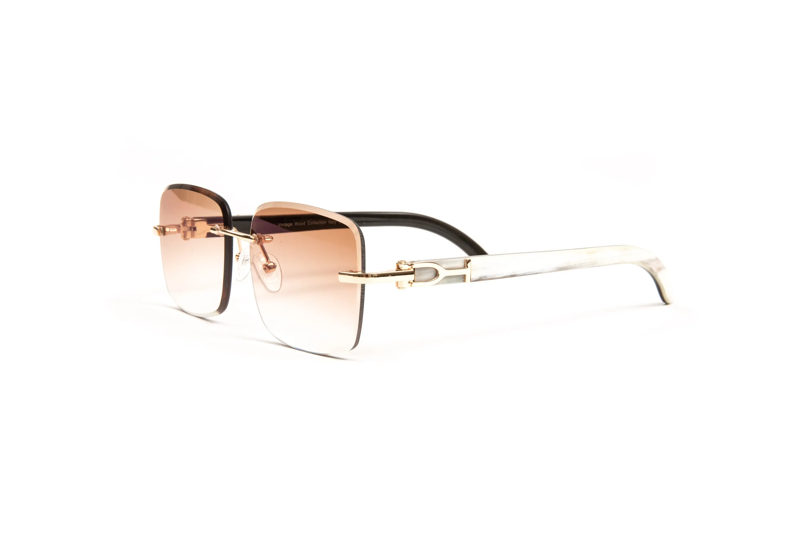 Rimless 18KT Gold & White Buffalo Horn Sunglasses, Gradient Brown Anti Reflective Lenses