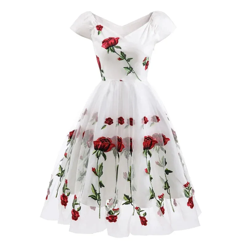 Rose Floral Embroidered V-Neck Party Dress, Pleated Mesh Overlay Short Sleeve Vintage Dress