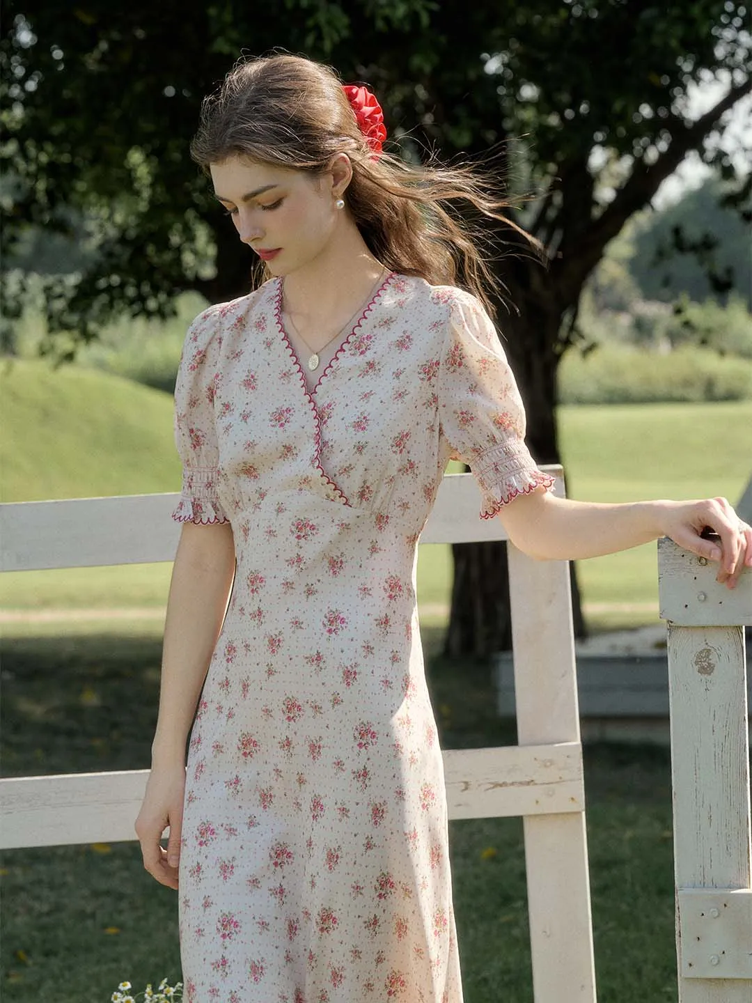 Thea Rose Polka Dot Floral V-neck Puff Sleeve Dress