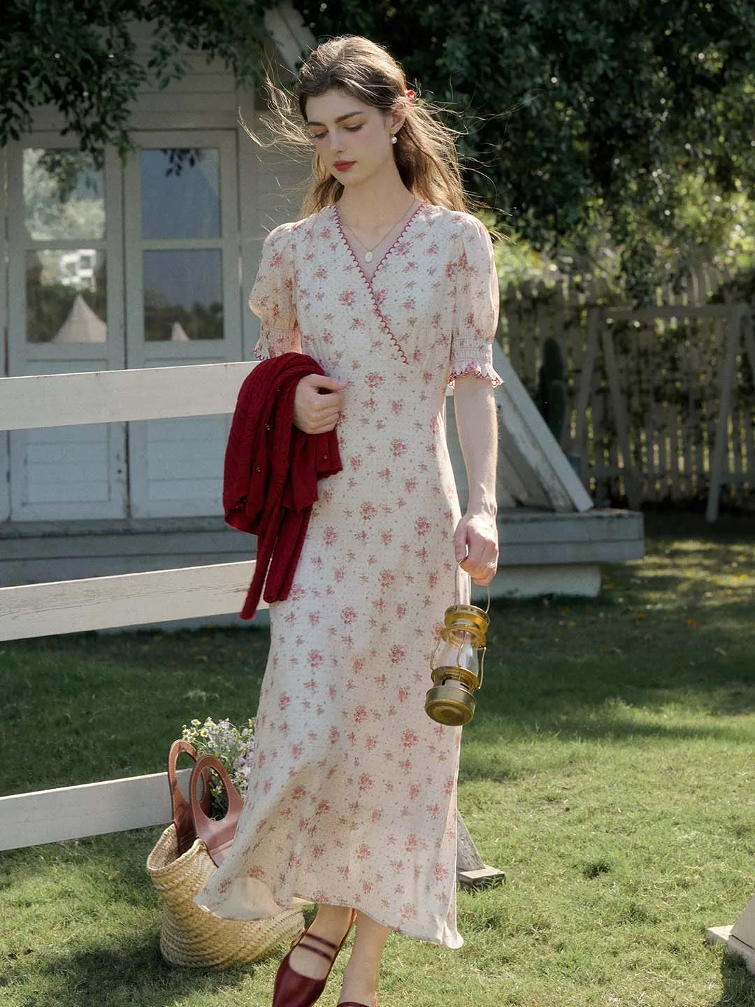 Thea Rose Polka Dot Floral V-neck Puff Sleeve Dress