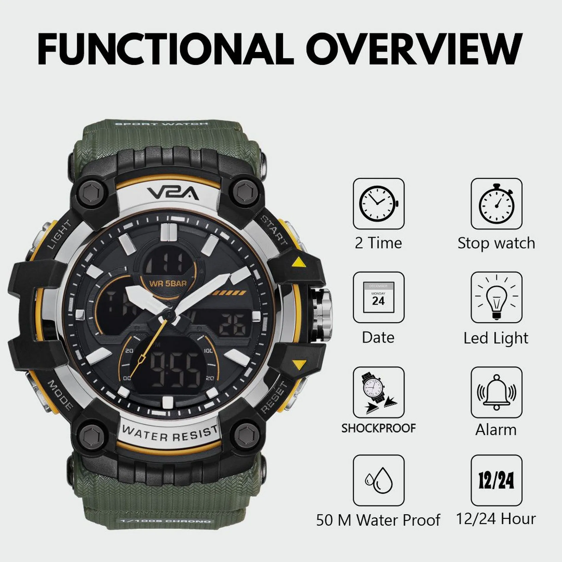 V2A Analog Digital Men Multifunctional Watch 5ATM Waterproof Sports Watch for Men | Gift for Men | Gift for Husband