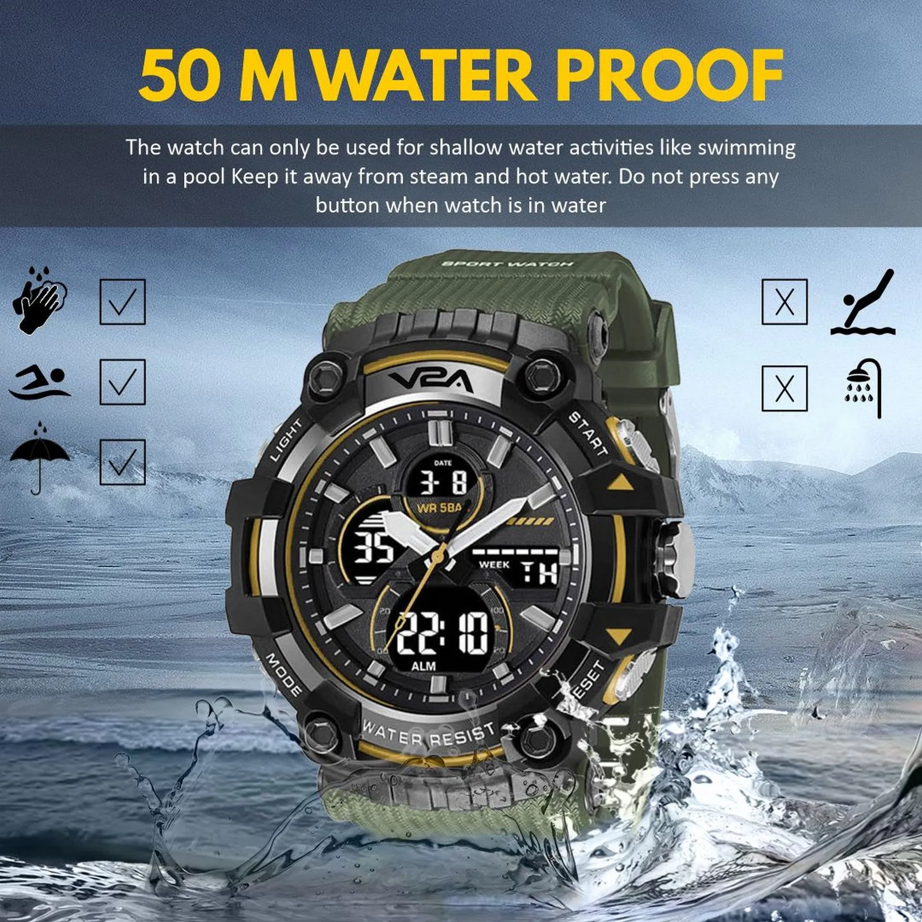 V2A Analog Digital Men Multifunctional Watch 5ATM Waterproof Sports Watch for Men | Gift for Men | Gift for Husband