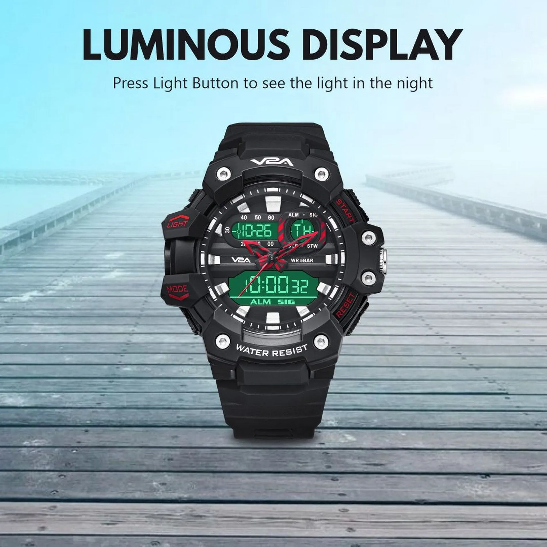 V2A Analog Digital Men Watch 5ATM Waterproof Multifunctional Sports Watch for Men Sports Watch for Men