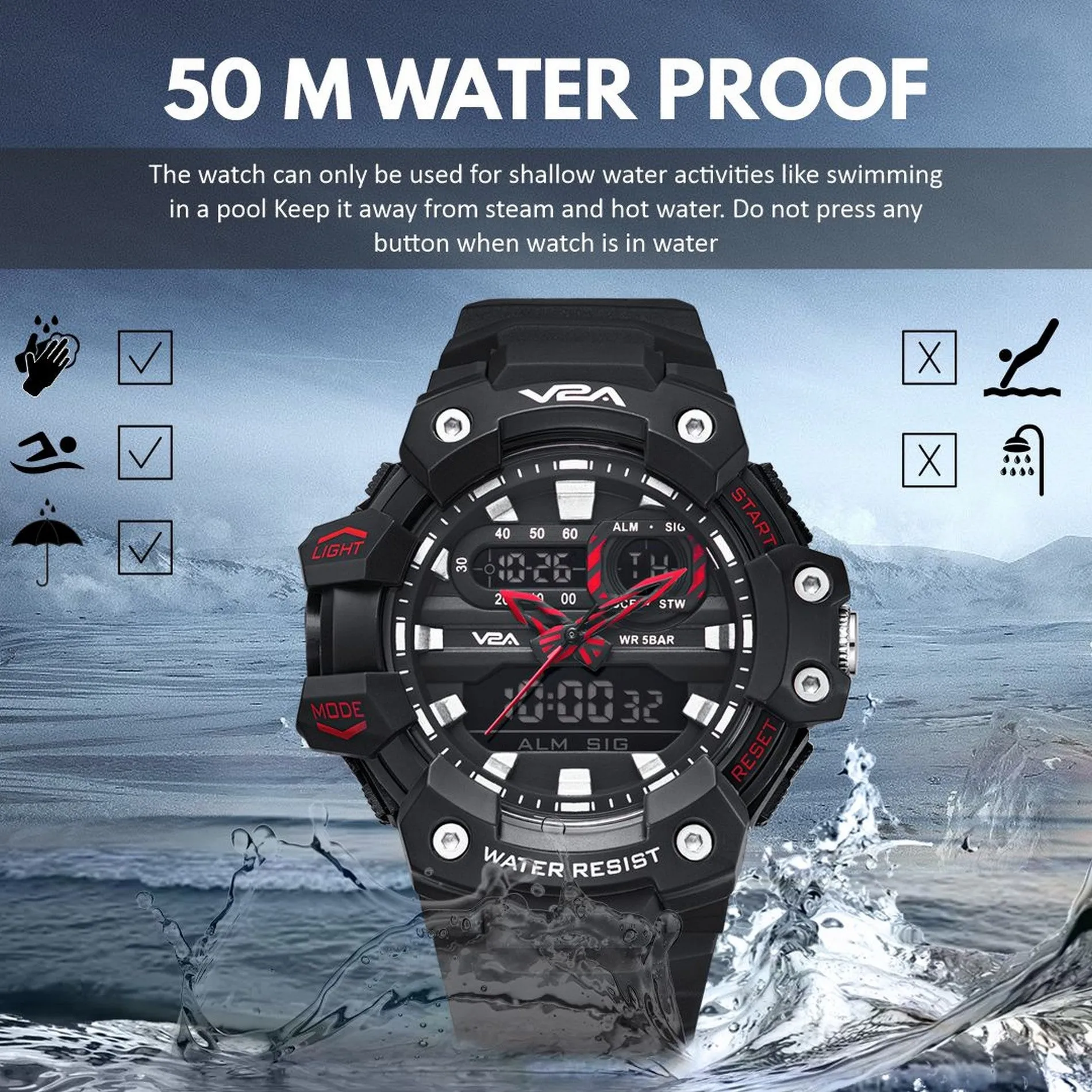 V2A Analog Digital Men Watch 5ATM Waterproof Multifunctional Sports Watch for Men Sports Watch for Men