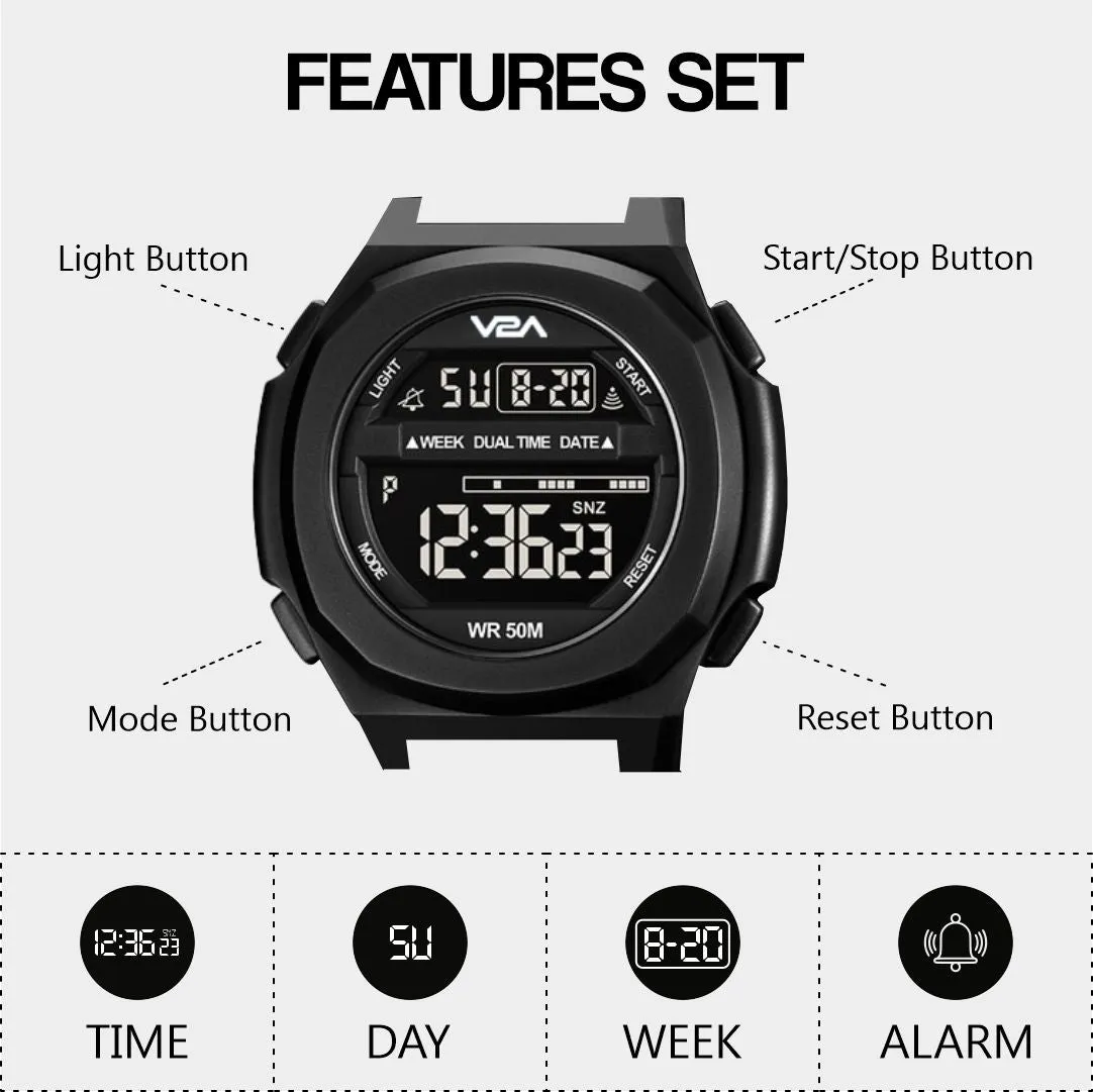 V2A Deep Black Digital Watch for Men and Boys Sports Watch with Dual Time Waterproof Latest Men’s Watch | Gifts for Men | Gift for Brother | Gift for Husband | Birthday Gifts