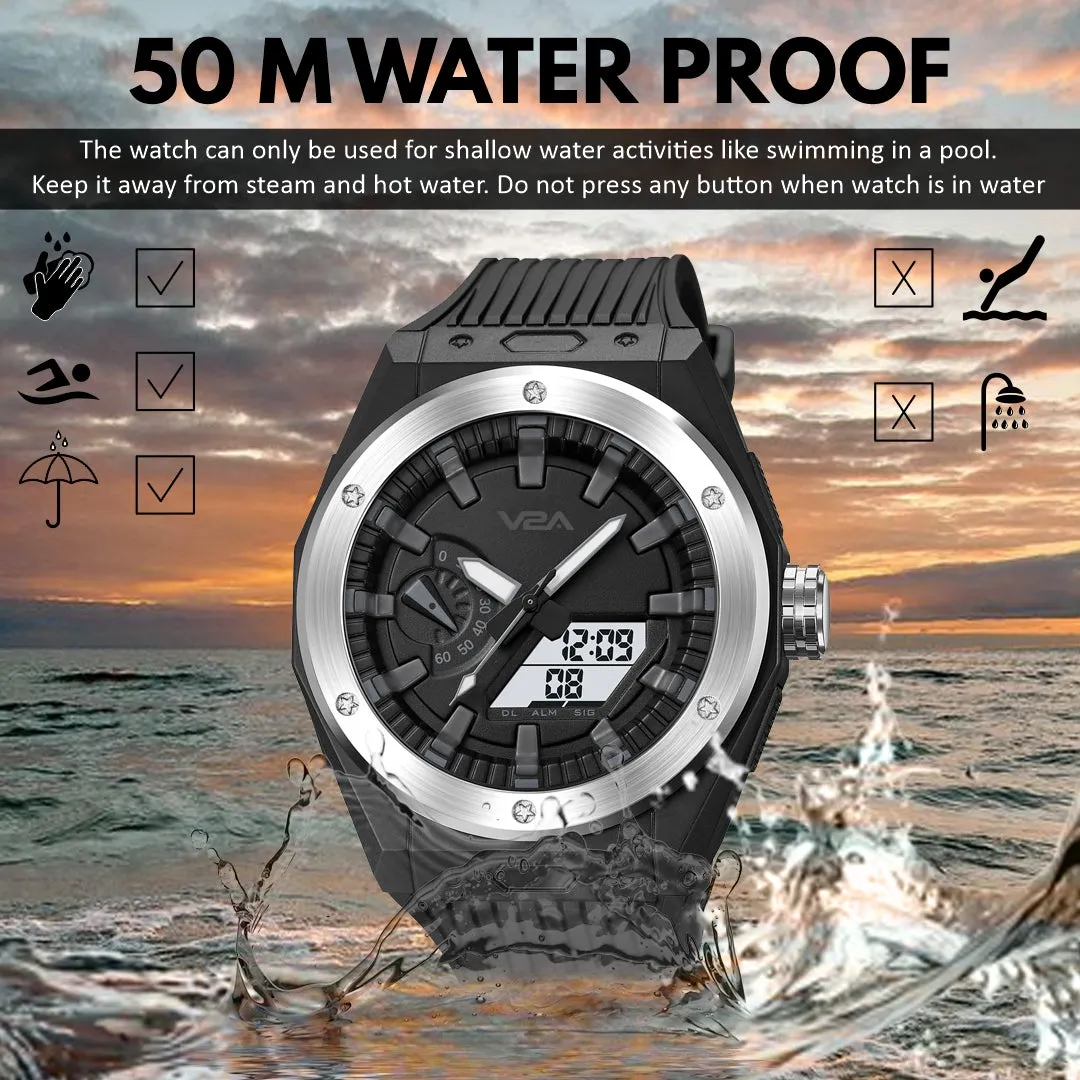 V2A Mens Watch Dual-Display Alloy Screw Bazel 50m Waterproof Watch Fashion Multifunctional Sports Watches for Men | Gift for Men