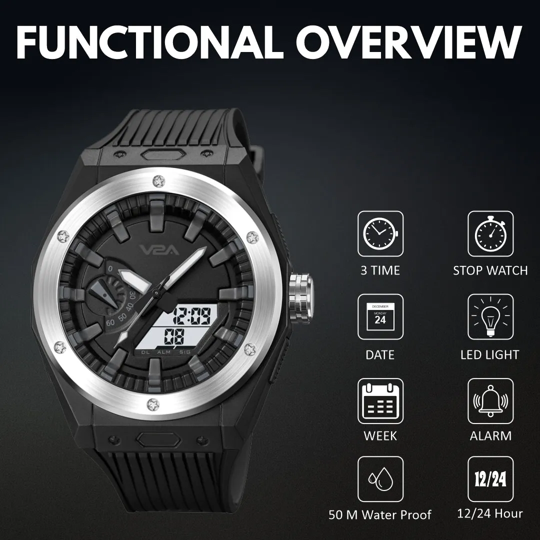 V2A Mens Watch Dual-Display Alloy Screw Bazel 50m Waterproof Watch Fashion Multifunctional Sports Watches for Men | Gift for Men