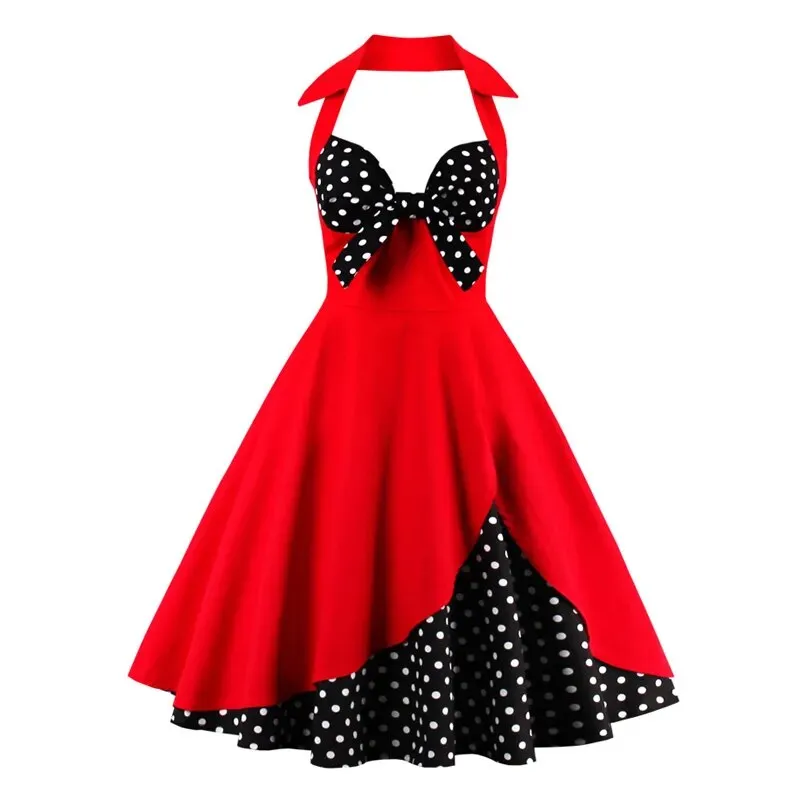 Vintage Knot Front Sexy V-Neck Halter Party Women, Vintage 50s Pinup Backless Cotton Dress