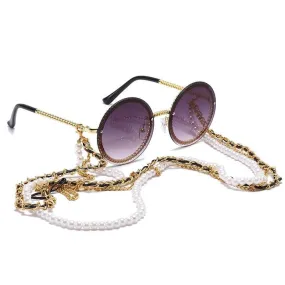 Vintage Round Sunglasses Women with Pearl Chain Accessory  Luxury Brand Design Retro Gold Frame Sun Glasses Female Shades