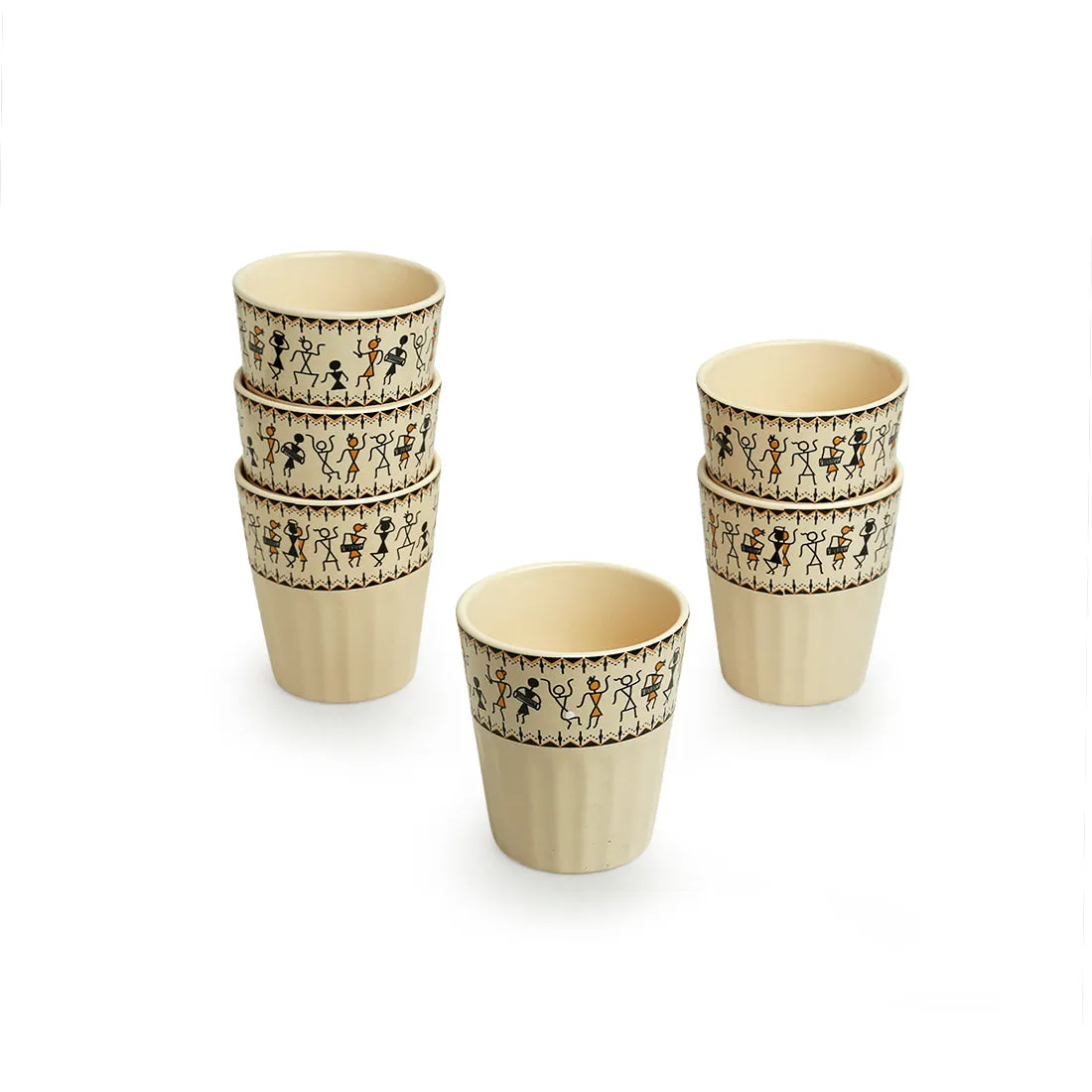 'Whispers of Warli' Handcrafted Ceramic Tea Glasses (Set of 6, 160 ML, Microwave Safe)